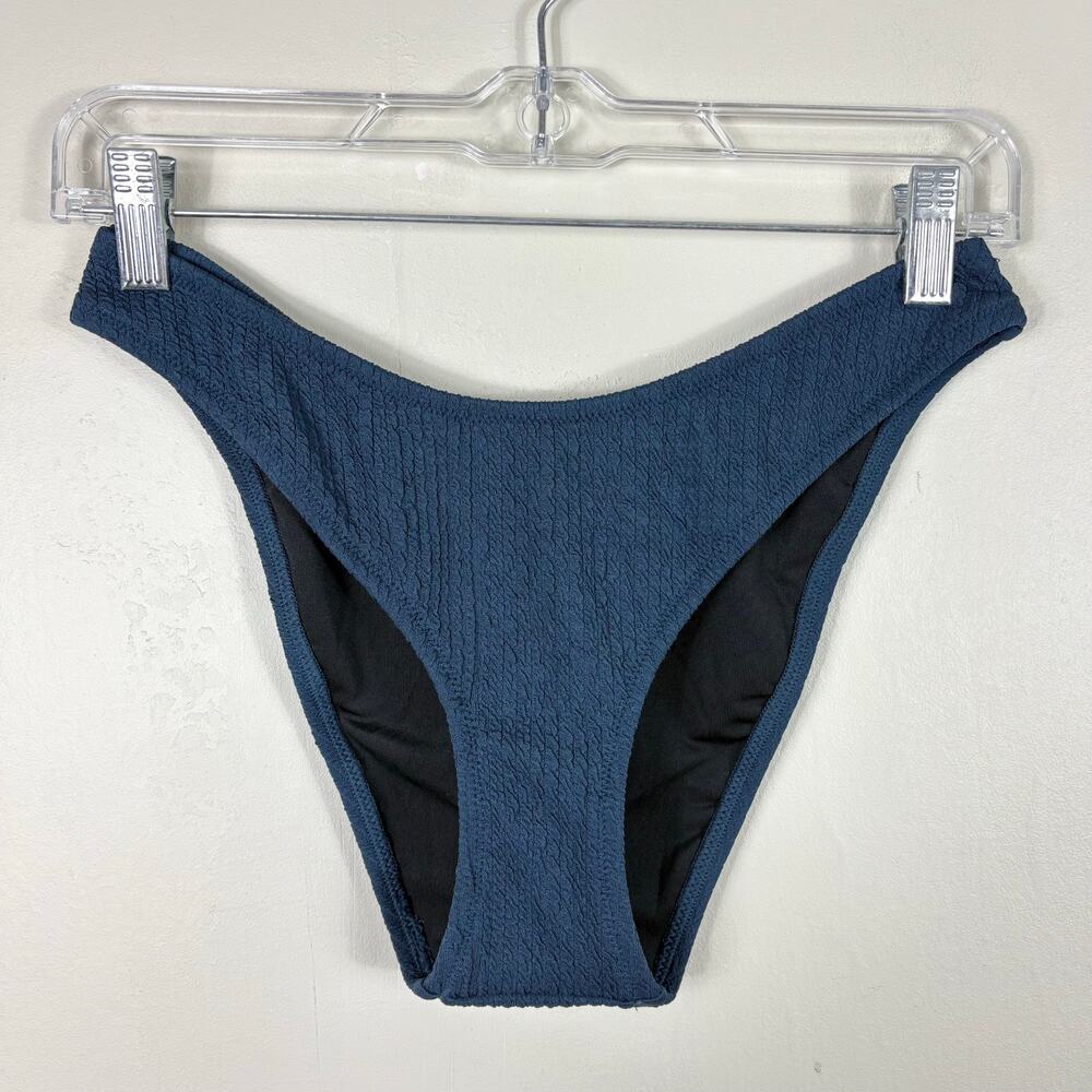 J. Crew Textured Mid Rise Curved Waist Cheeky Bikini Bottom in Deep Midnight